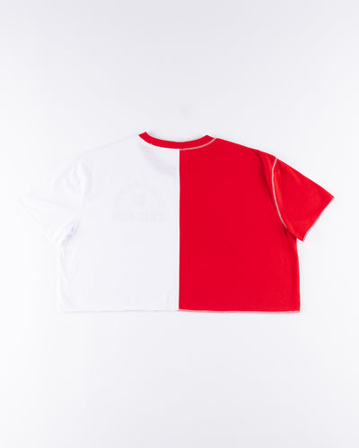 red and white Zoozats colorblock ladies cropped tee with Chicago Blackhawks graphic on left chest - back lay flat 