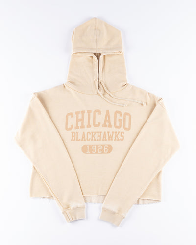 oatmeal chicka-d cropped hoodie with Chicago Blackhawks 1926 wordmark graphic across chest - front lay flat