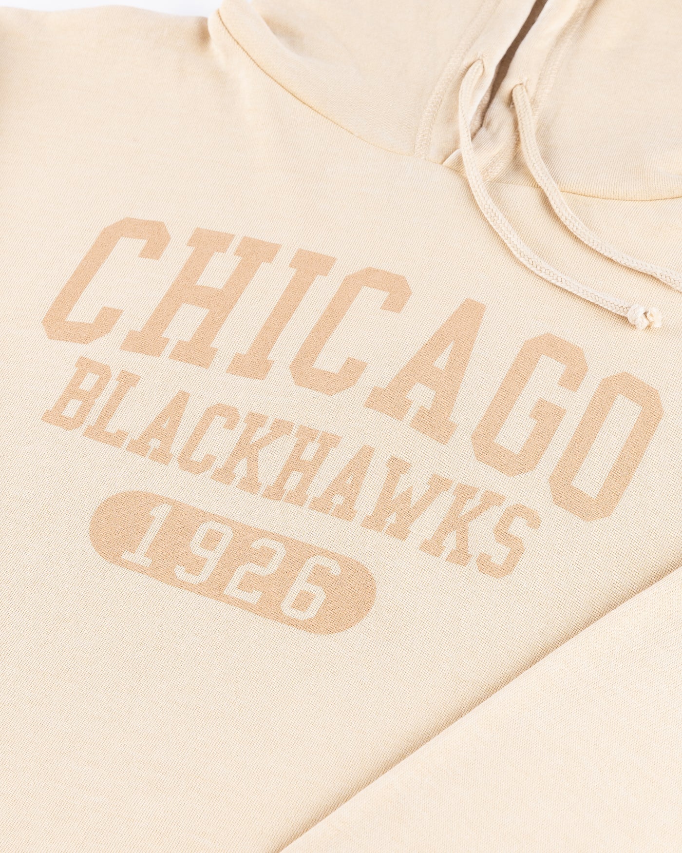 oatmeal chicka-d cropped hoodie with Chicago Blackhawks 1926 wordmark graphic across chest - detail lay flat
