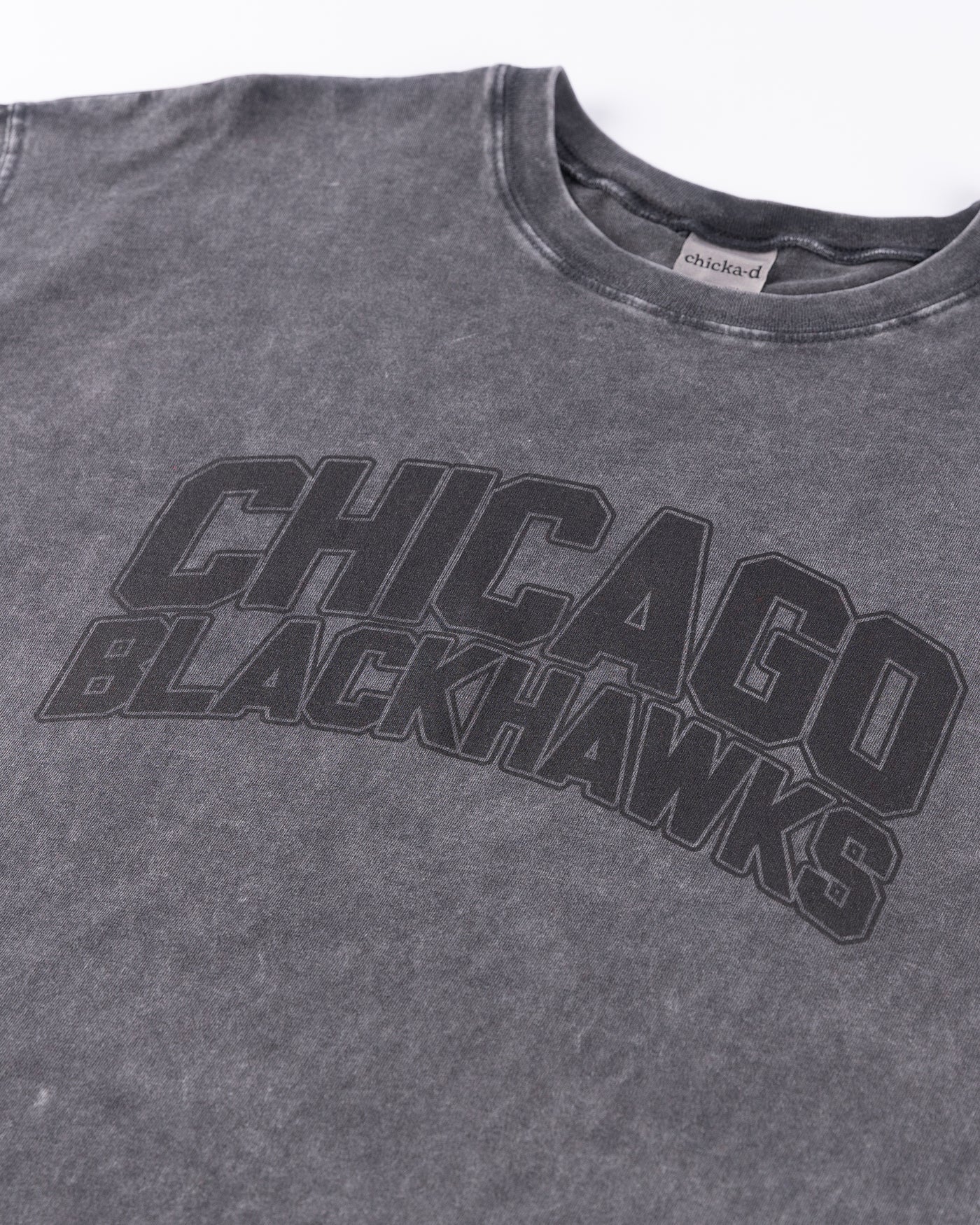 grey chicka-d oversized women's tee with Chicago Blackhawks wordmark across chest - detail lay flat
