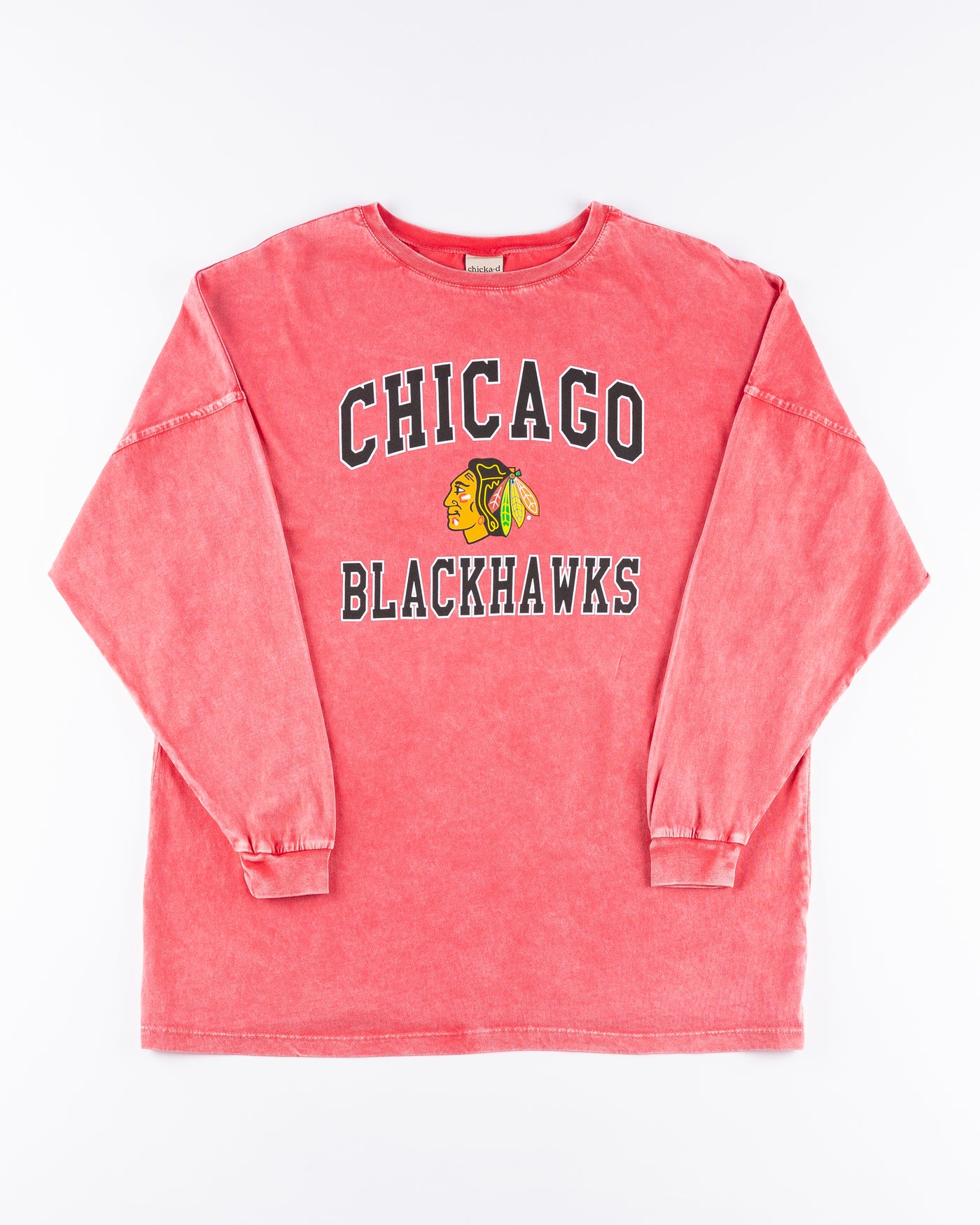 washed red chicka-d long sleeve tee with Chicago Blackhawks wordmark and primary logo - front lay flat