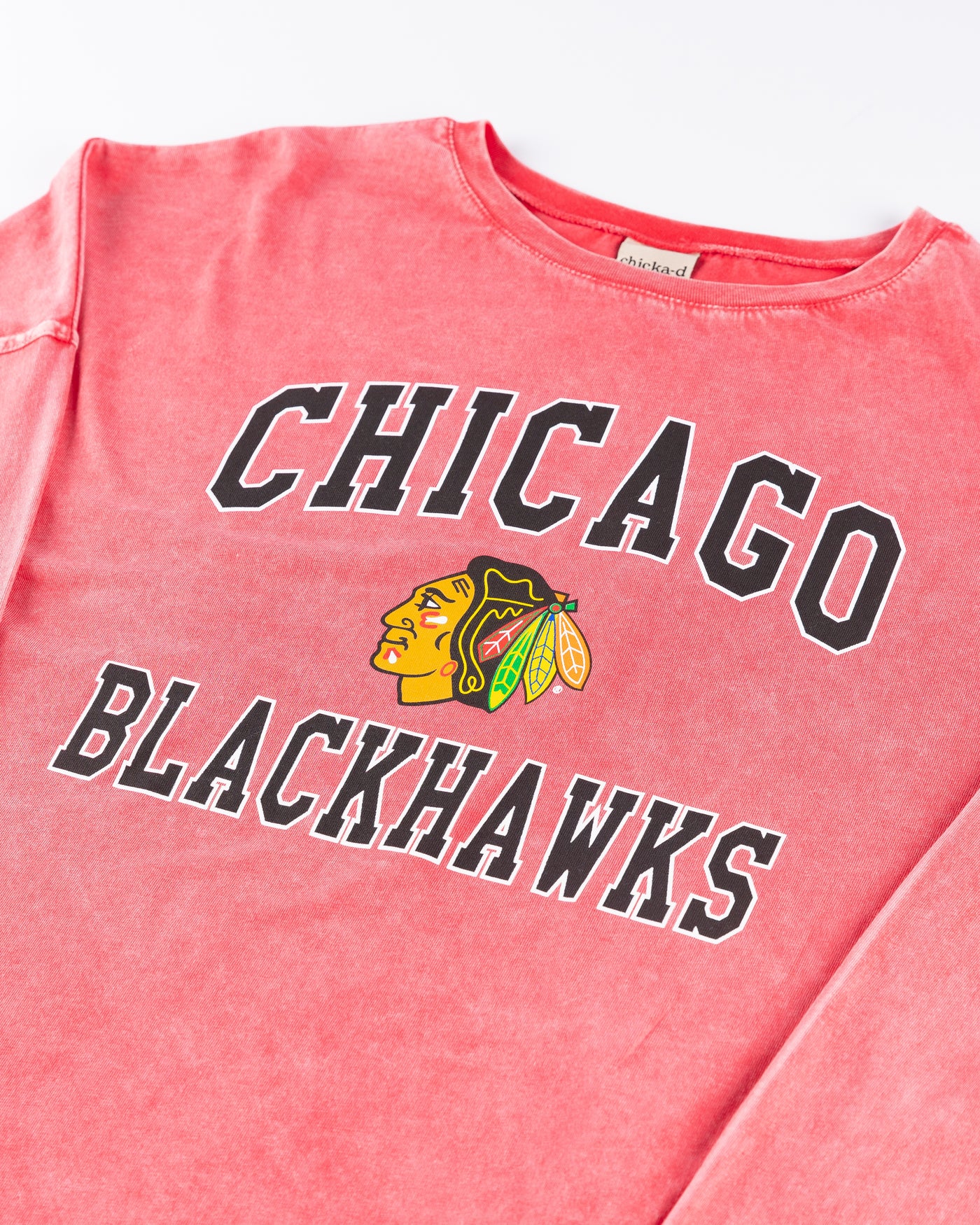washed red chicka-d long sleeve tee with Chicago Blackhawks wordmark and primary logo - detail lay flat