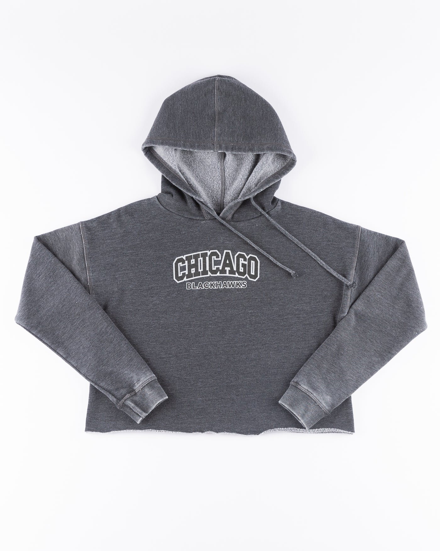 grey chicka-d cropped hoodie with Chicago Blackhawks wordmark across chest - front lay flat