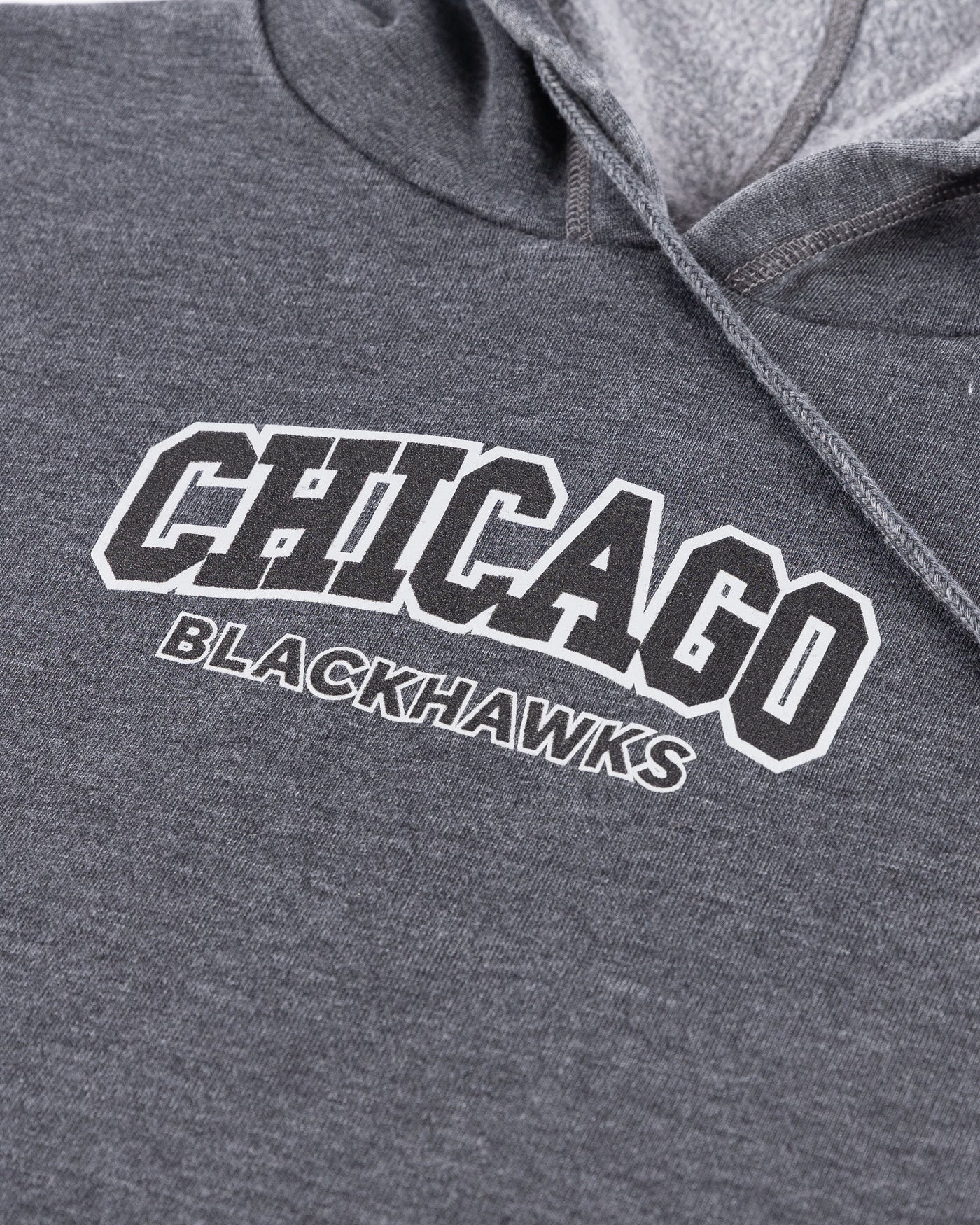 grey chicka-d cropped hoodie with Chicago Blackhawks wordmark across chest - detail lay flat