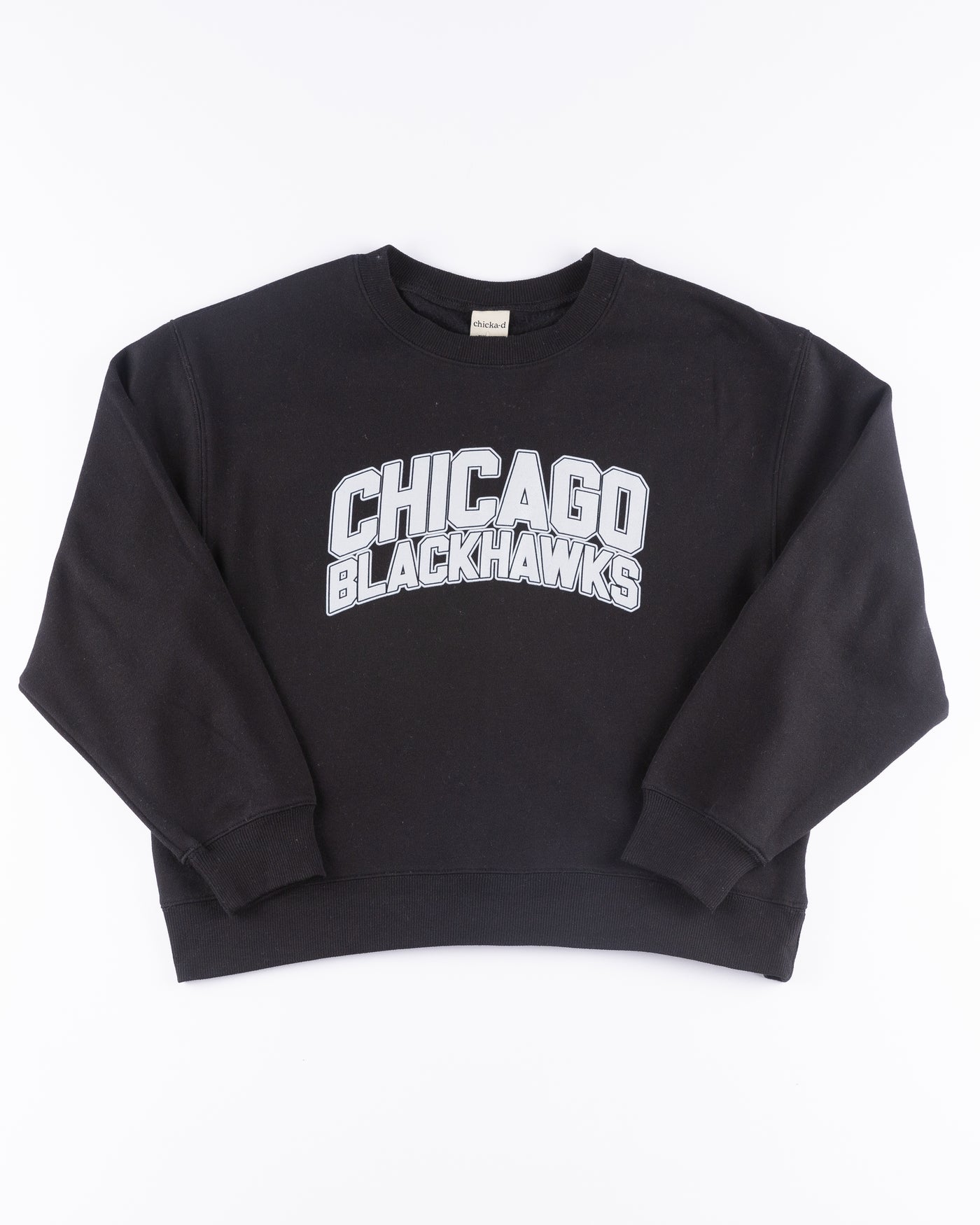black chicka-d crewneck with Chicago Blackhawks wordmark across front - front lay flat