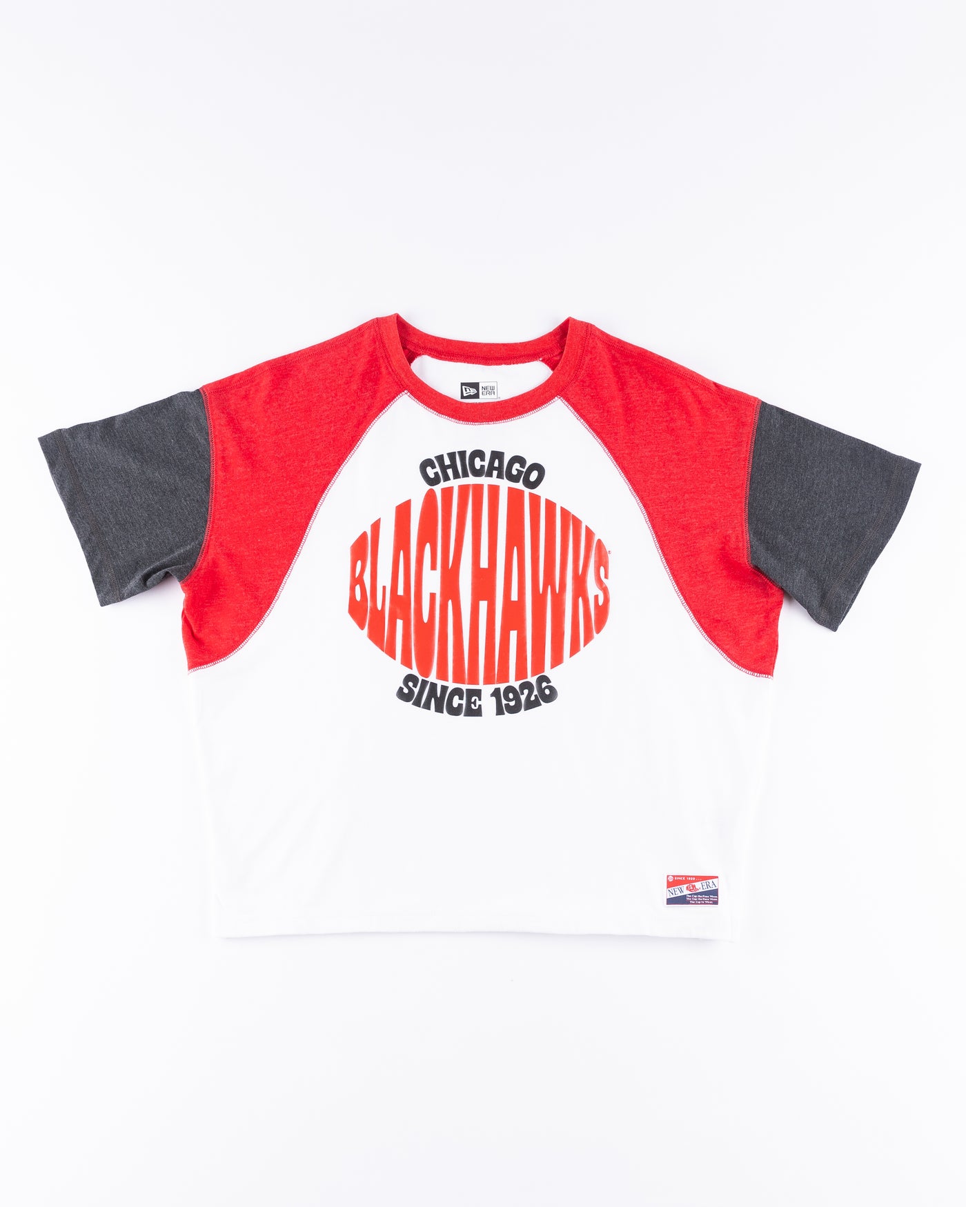 white red and grey New Era t-shirt with Chicago Blackhawks since 1926 wordmark graphic printed on front - front lay flat