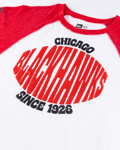 white red and grey New Era t-shirt with Chicago Blackhawks since 1926 wordmark graphic printed on front - detail lay flat