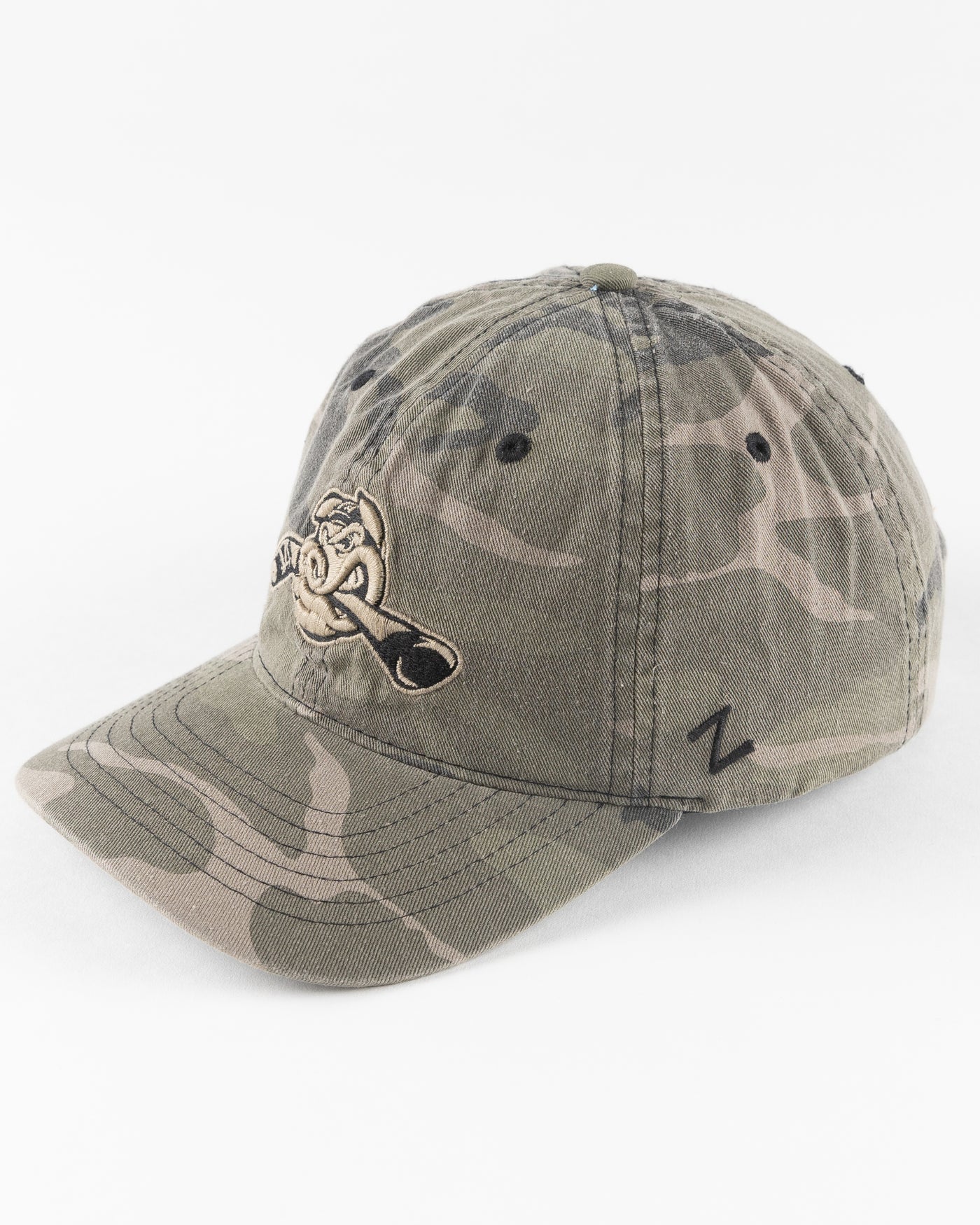 camo Zephyr adjustable cap with Hammy embroidered on front - left angle lay flat