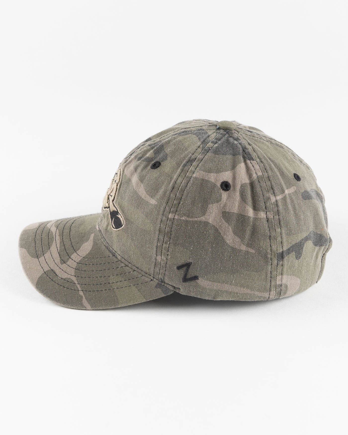 camo Zephyr adjustable cap with Hammy embroidered on front - left side lay flat