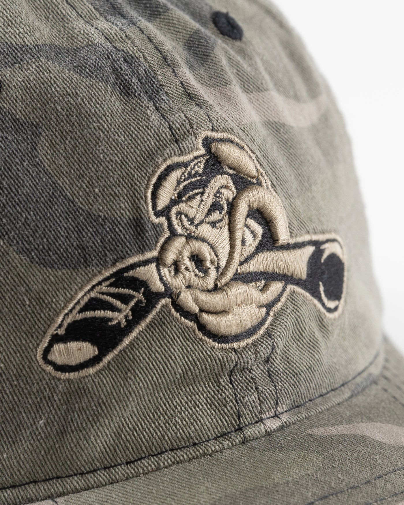 camo Zephyr adjustable cap with Hammy embroidered on front - detail  lay flat