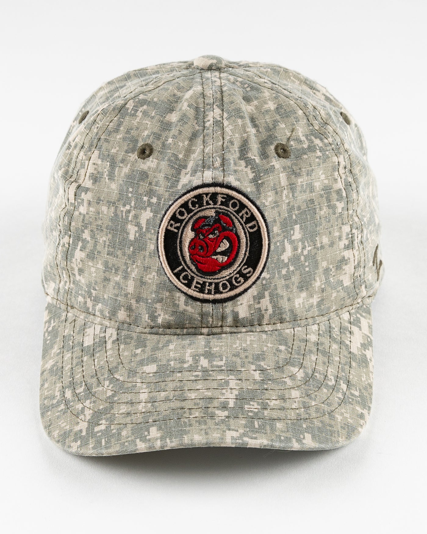 camo Rockford IceHogs adjustable cap with patch embroidered on front - front lay flat