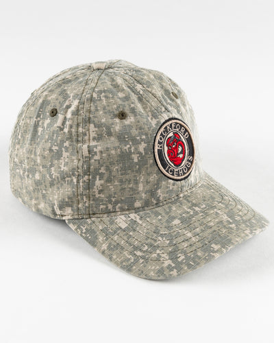 camo Rockford IceHogs adjustable cap with patch embroidered on front - right angle lay flat