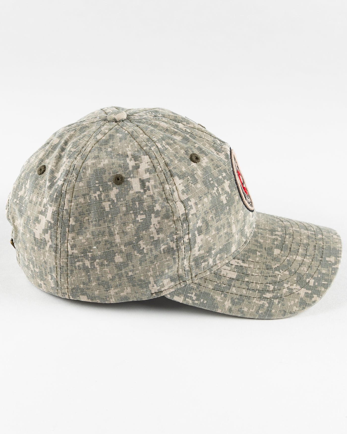 camo Rockford IceHogs adjustable cap with patch embroidered on front - right side lay flat