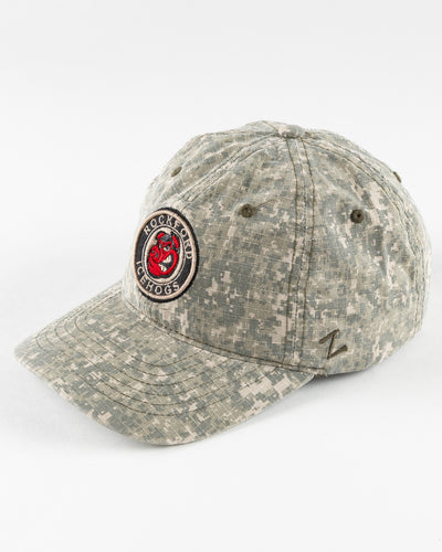 camo Rockford IceHogs adjustable cap with patch embroidered on front - left angle lay flat
