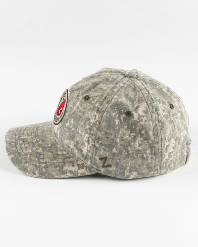camo Rockford IceHogs adjustable cap with patch embroidered on front - left side lay flat