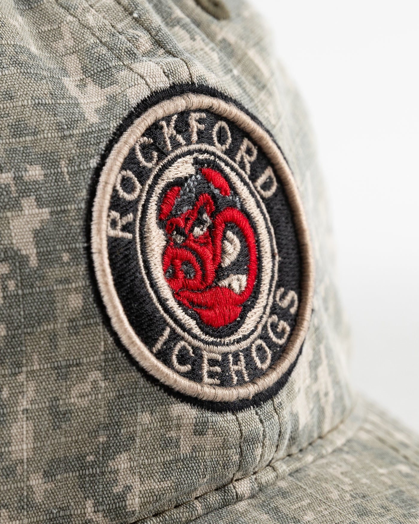 camo Rockford IceHogs adjustable cap with patch embroidered on front - detail lay flat