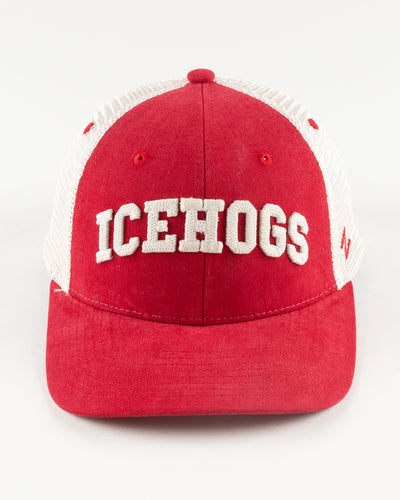 red and white Rockford IceHogs trucker with embroidered wordmark on front- front lay flat