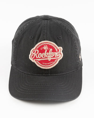 black Rockford IceHogs cap with embroidered red patch on front - front lay flat