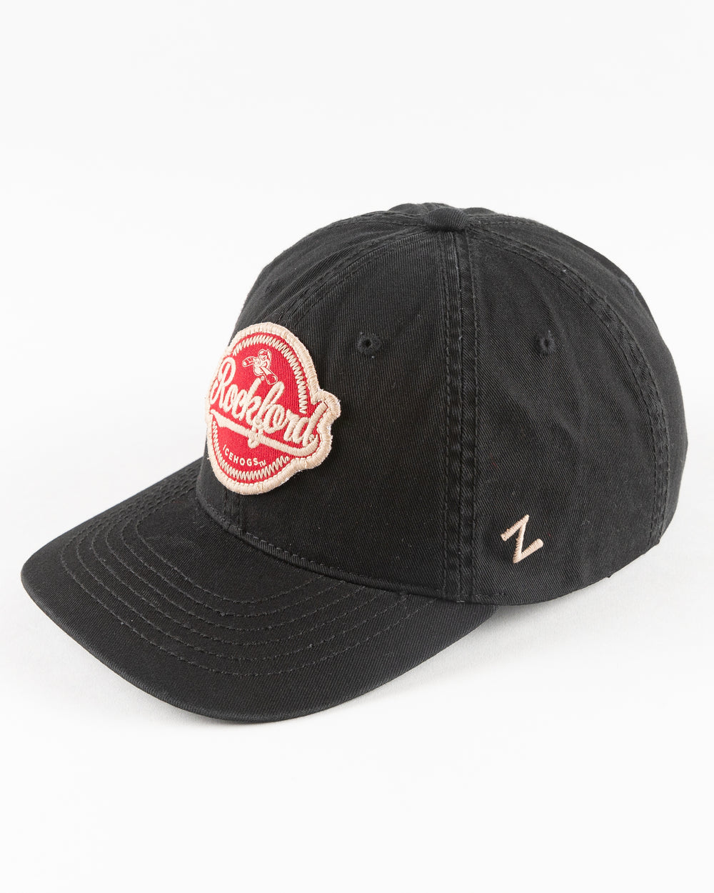 black Rockford IceHogs cap with embroidered red patch on front - left angle lay flat