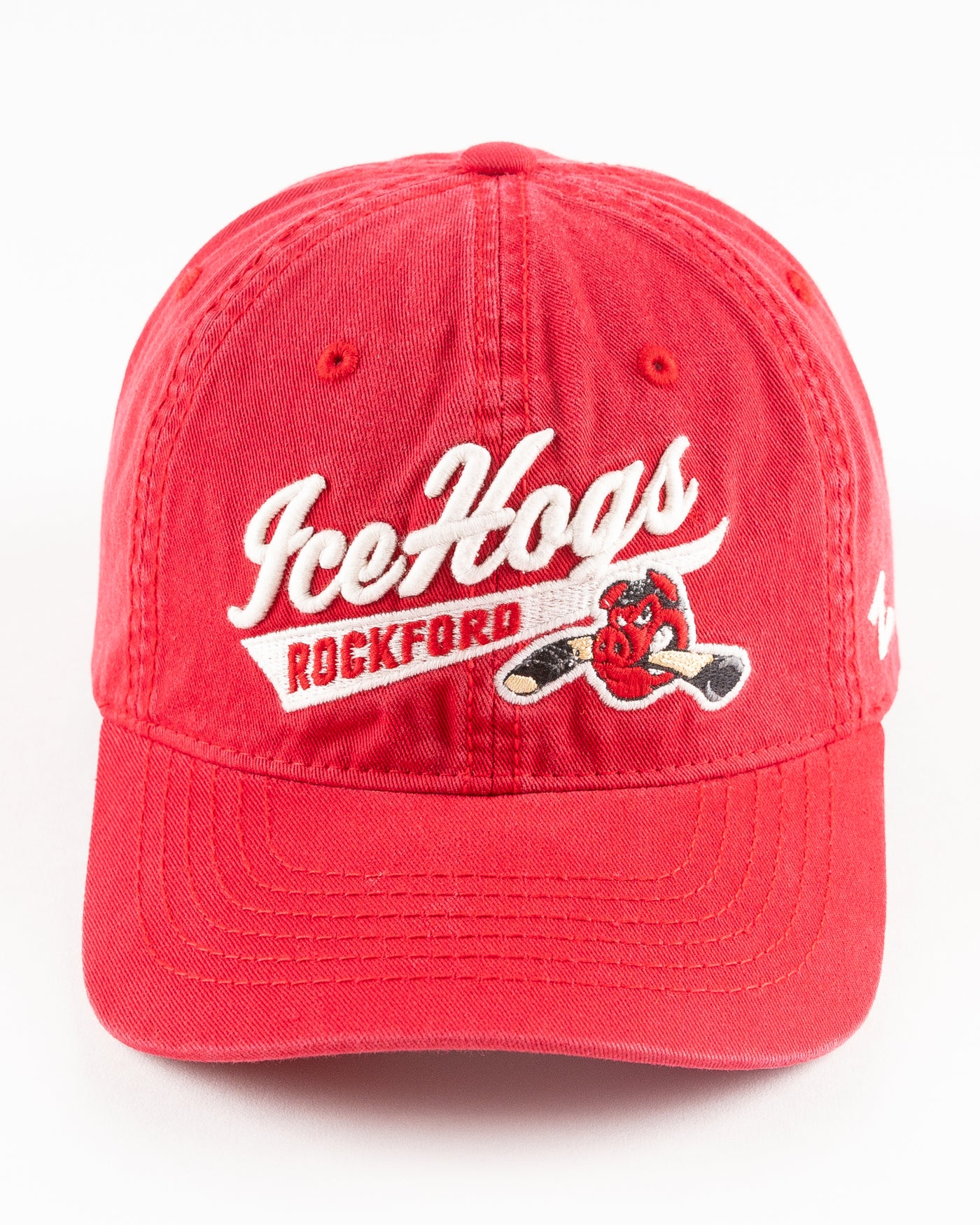 red adjustable Rockford IceHogs cap with wordmark - front lay flat