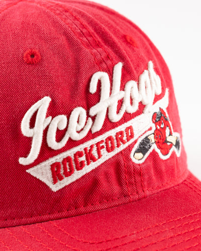 red adjustable Rockford IceHogs cap with wordmark - detail lay flat