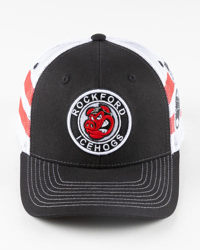 Rockford IceHogs black and white trucker with embroidered patch on front - front lay flat