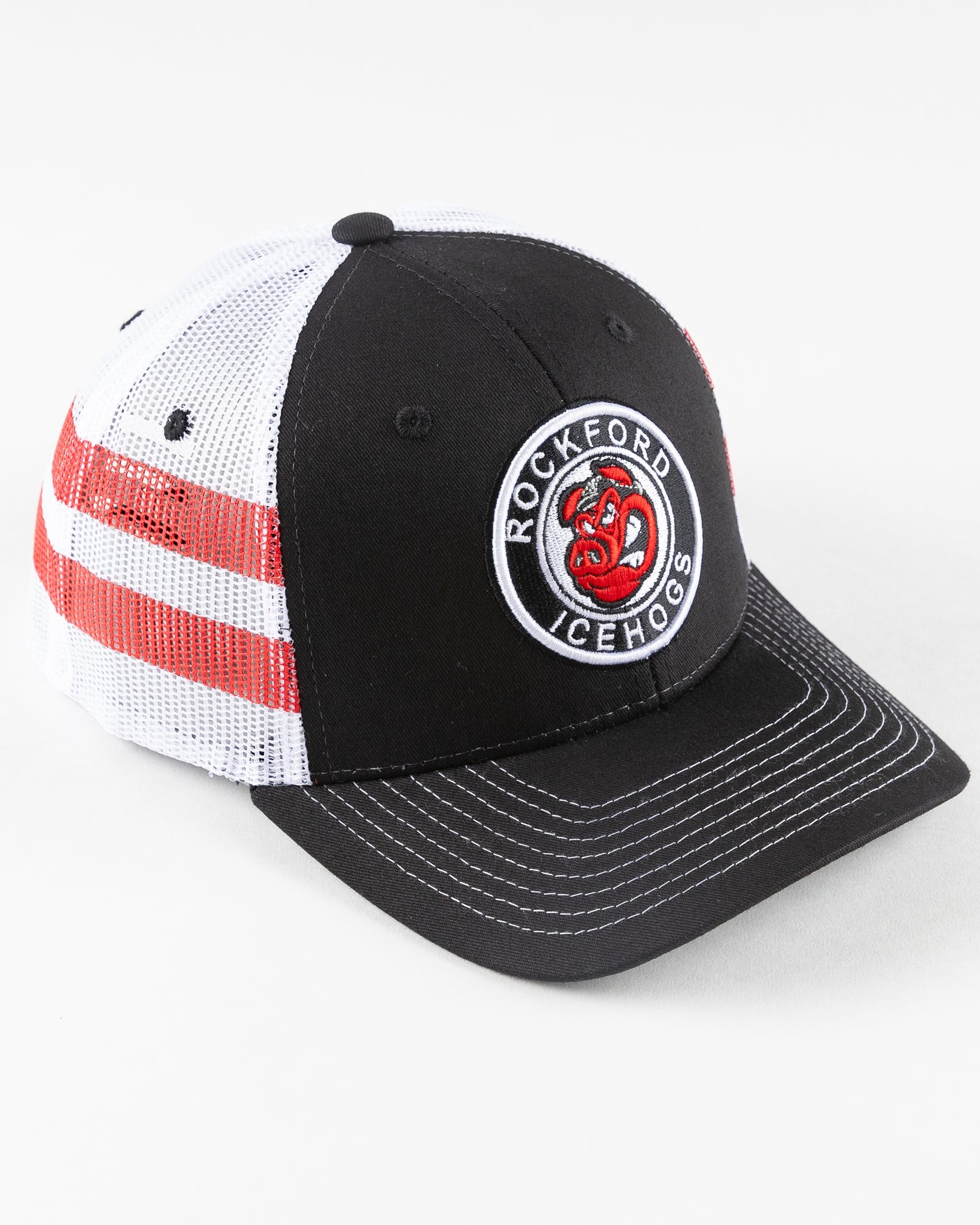 Rockford IceHogs black and white trucker with embroidered patch on front - right angle lay flat