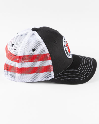Rockford IceHogs black and white trucker with embroidered patch on front - right side lay flat