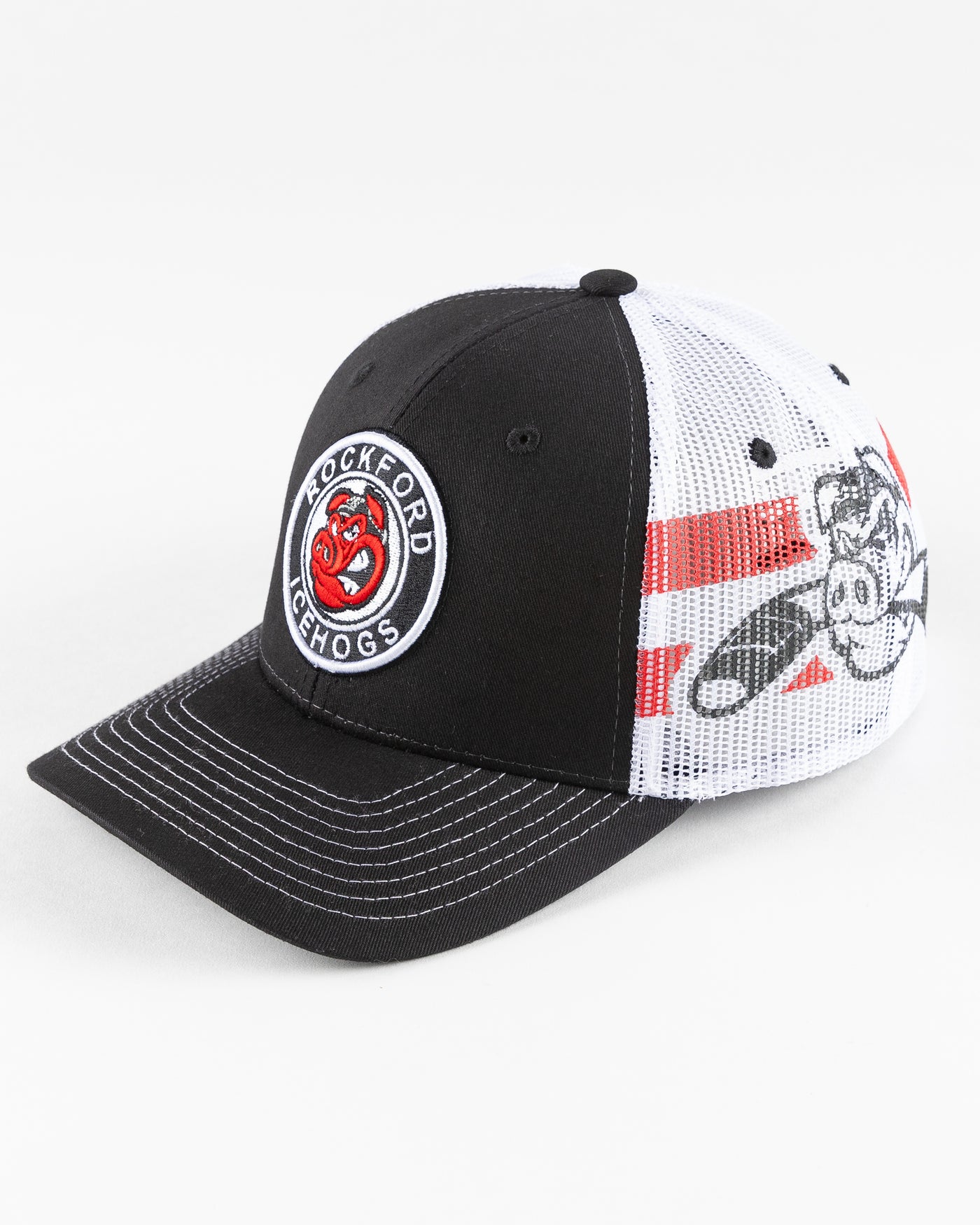 Rockford IceHogs black and white trucker with embroidered patch on front - left angle lay flat