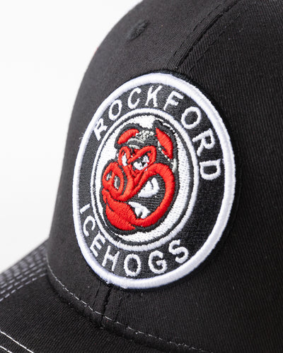 Rockford IceHogs black and white trucker with embroidered patch on front - detail lay flat