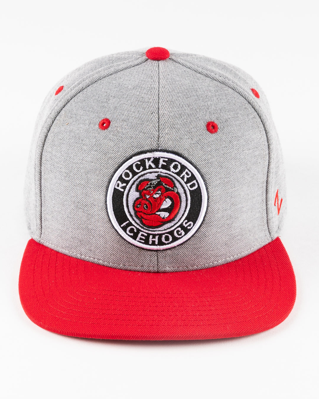 grey Rockford IceHogs snapback with red brim and embroidered IceHogs patch - front lay flat