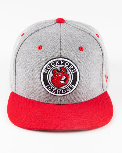 grey Rockford IceHogs snapback with red brim and embroidered IceHogs patch - front lay flat