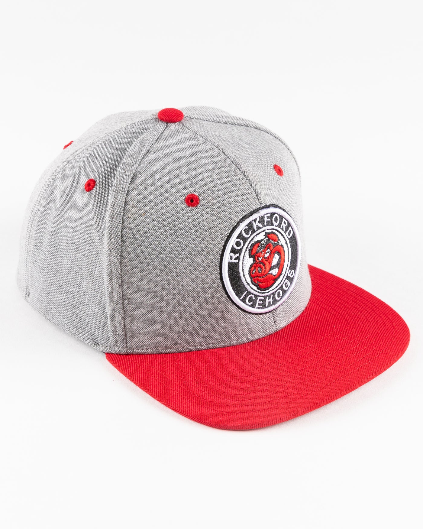 grey Rockford IceHogs snapback with red brim and embroidered IceHogs patch - right angle lay flat