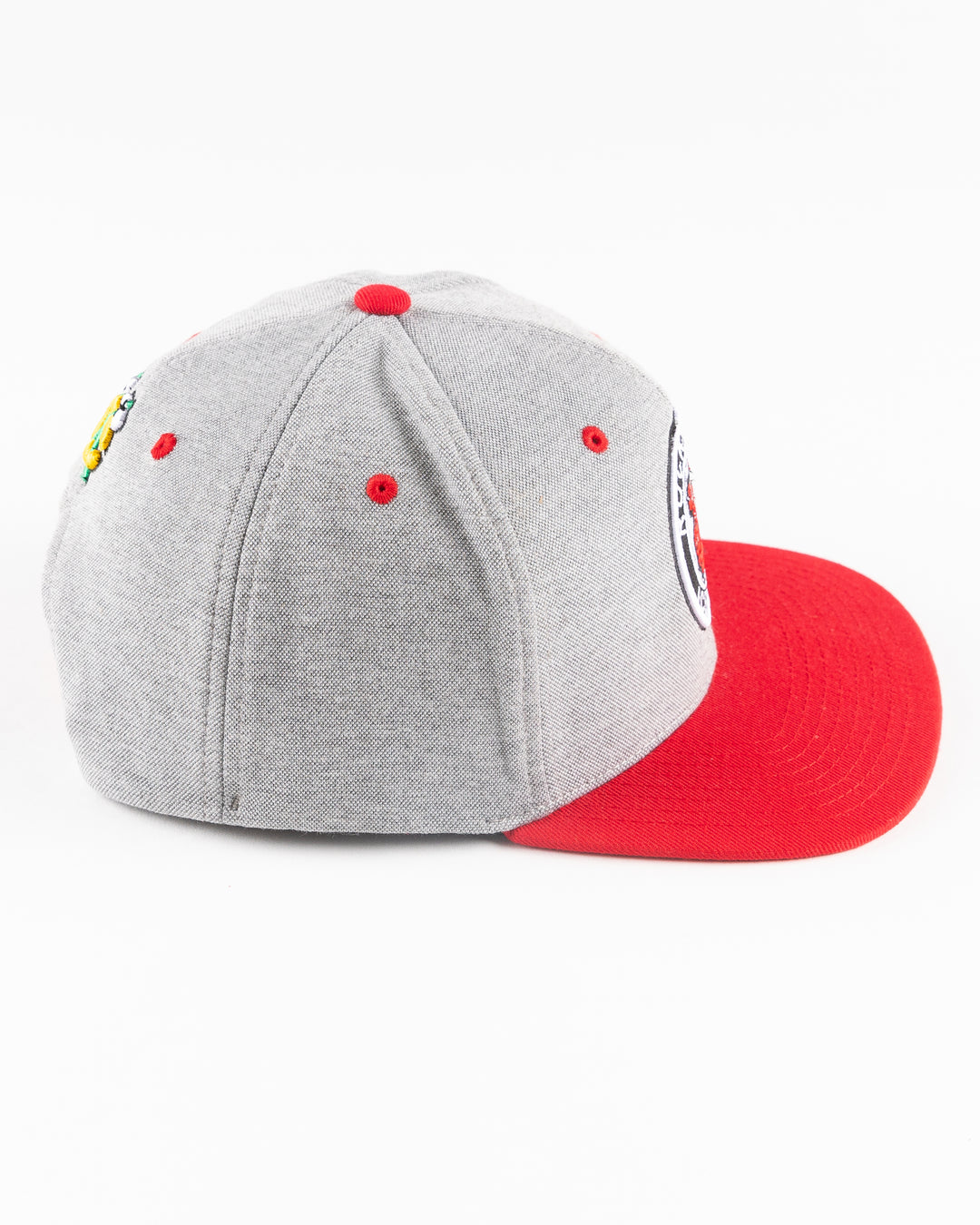 grey Rockford IceHogs snapback with red brim and embroidered IceHogs patch - right side lay flat