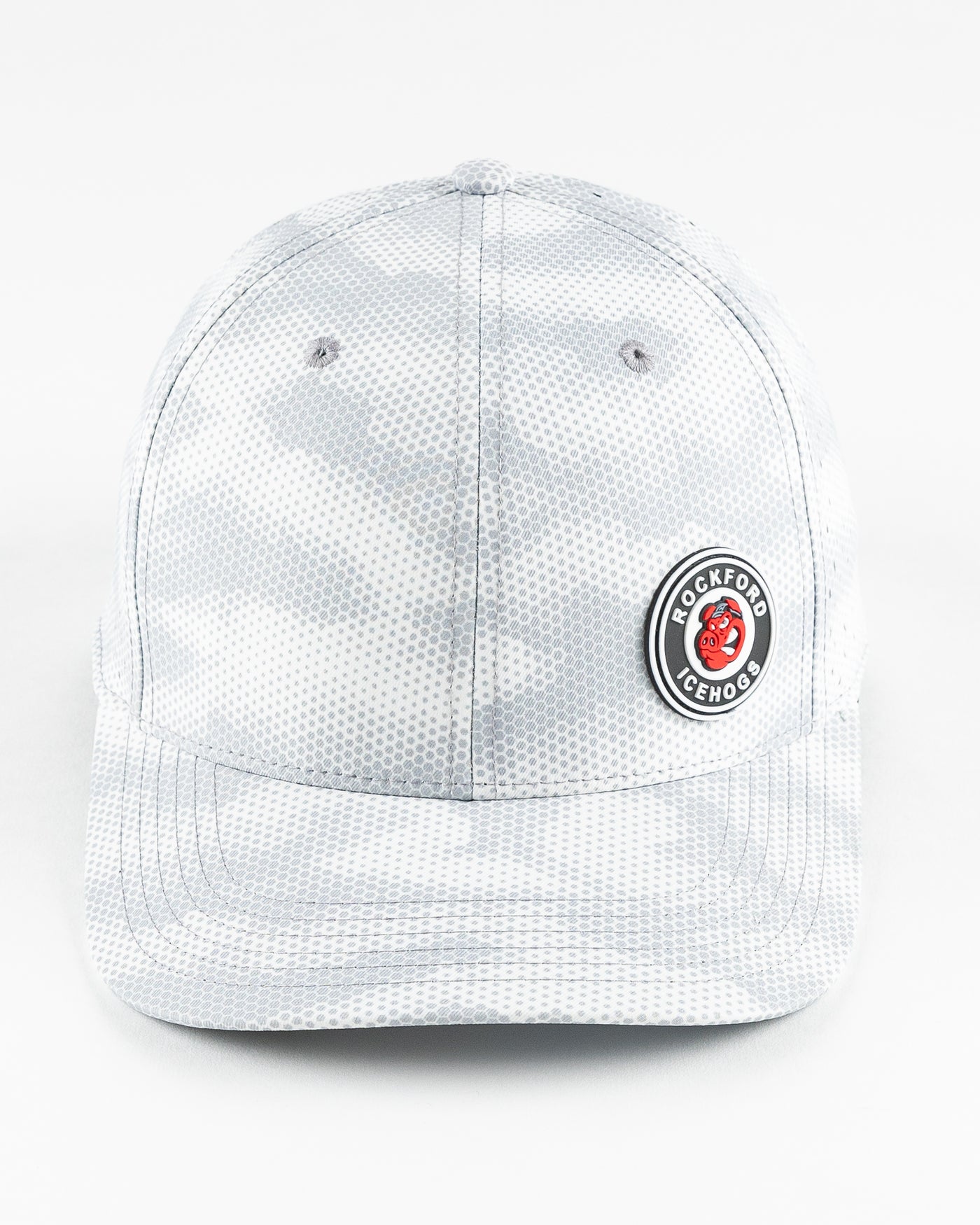grey Rockford IceHogs adjustable cap with grey camo dot design and rubber patch on front panel - front lay flat