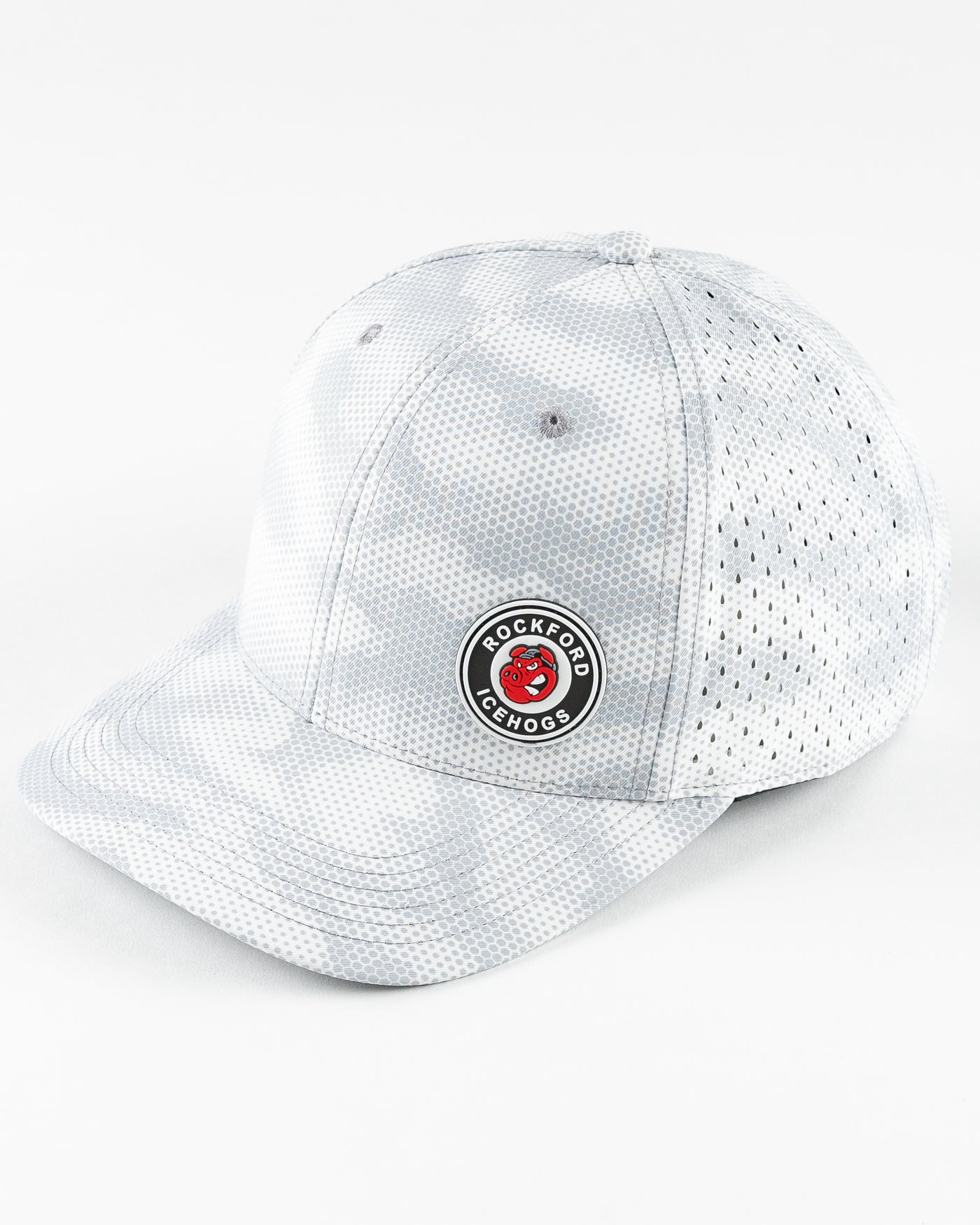 grey Rockford IceHogs adjustable cap with grey camo dot design and rubber patch on front panel - left angle lay flat
