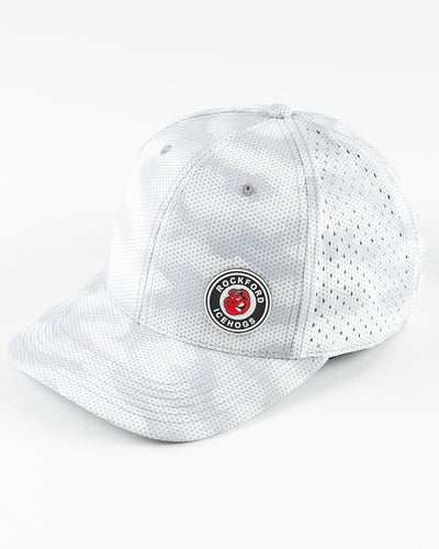 grey Rockford IceHogs adjustable cap with grey camo dot design and rubber patch on front panel - left angle lay flat