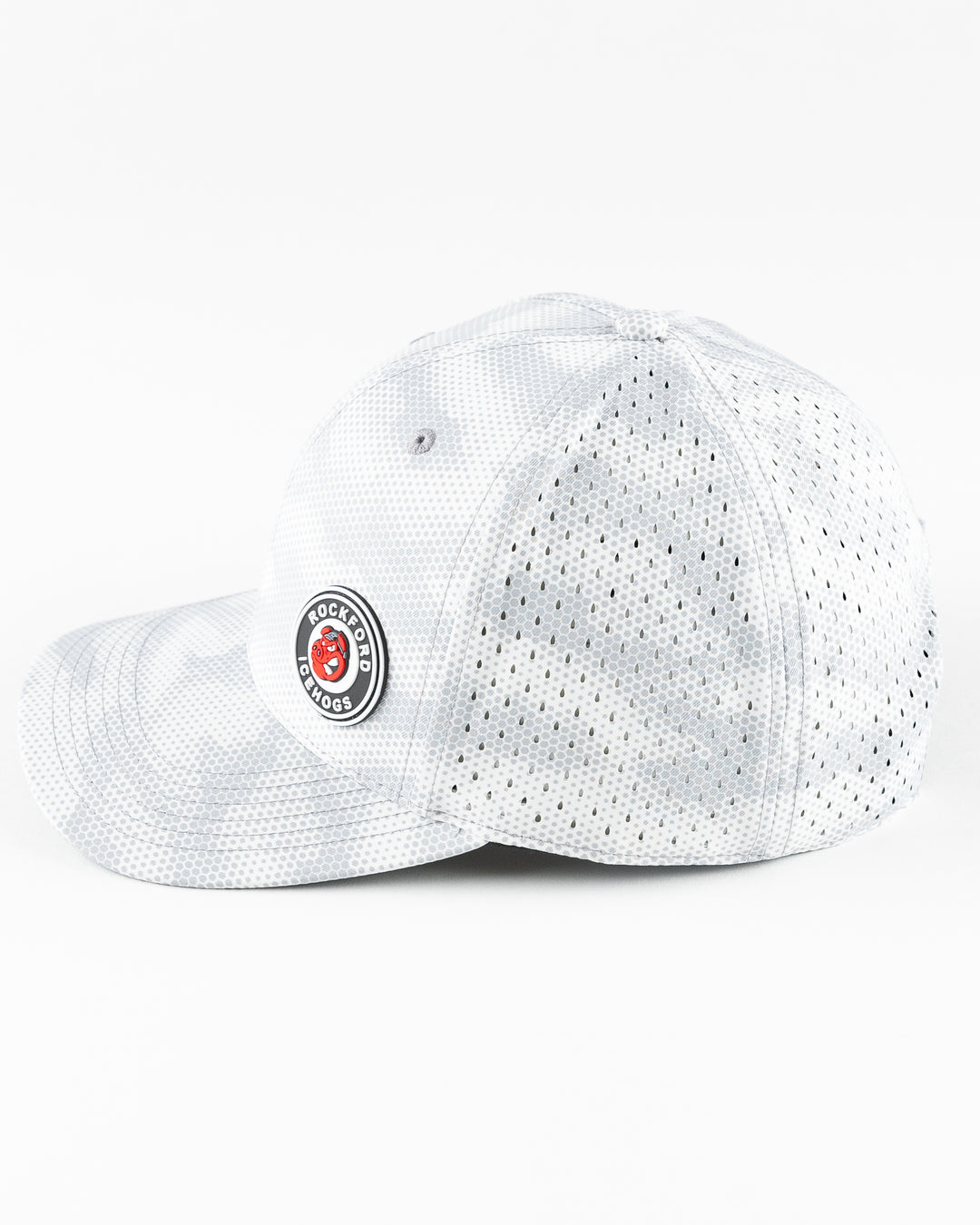 grey Rockford IceHogs adjustable cap with grey camo dot design and rubber patch on front panel - left lay flat