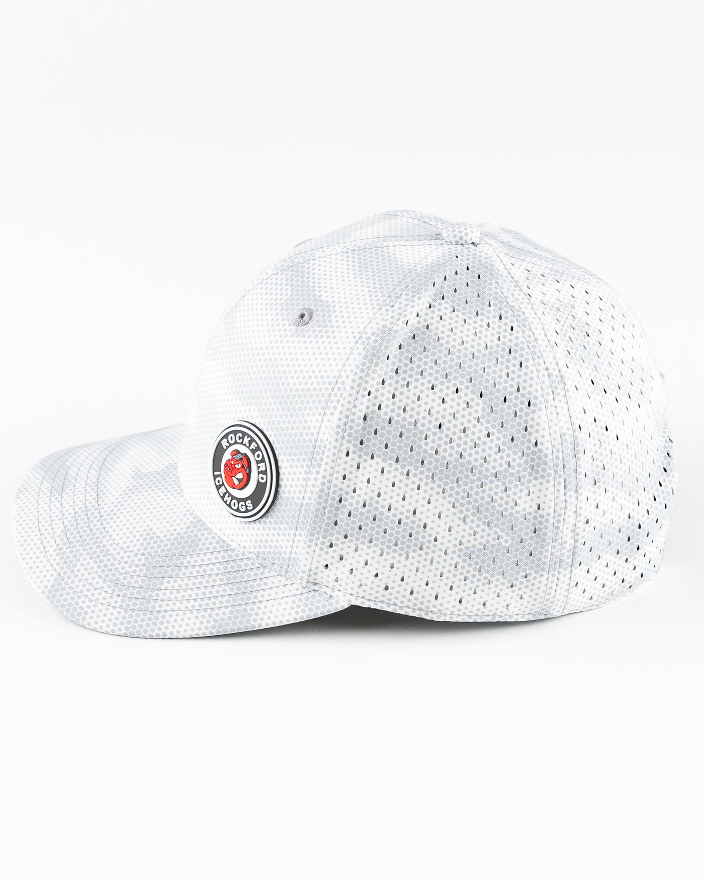 grey Rockford IceHogs adjustable cap with grey camo dot design and rubber patch on front panel - left lay flat