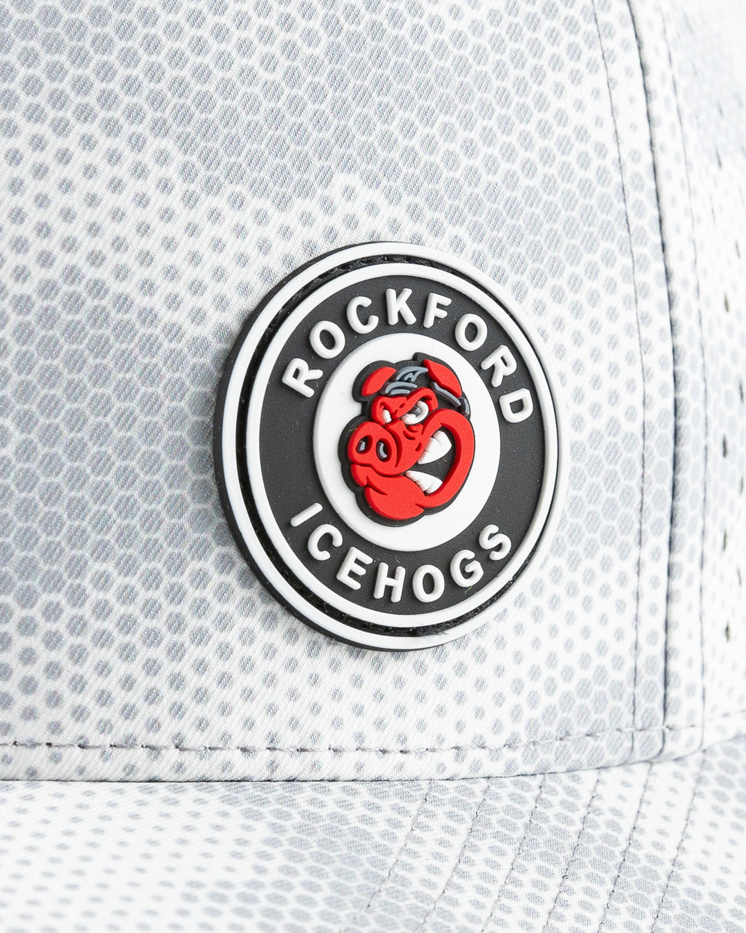 grey Rockford IceHogs adjustable cap with grey camo dot design and rubber patch on front panel - detail lay flat