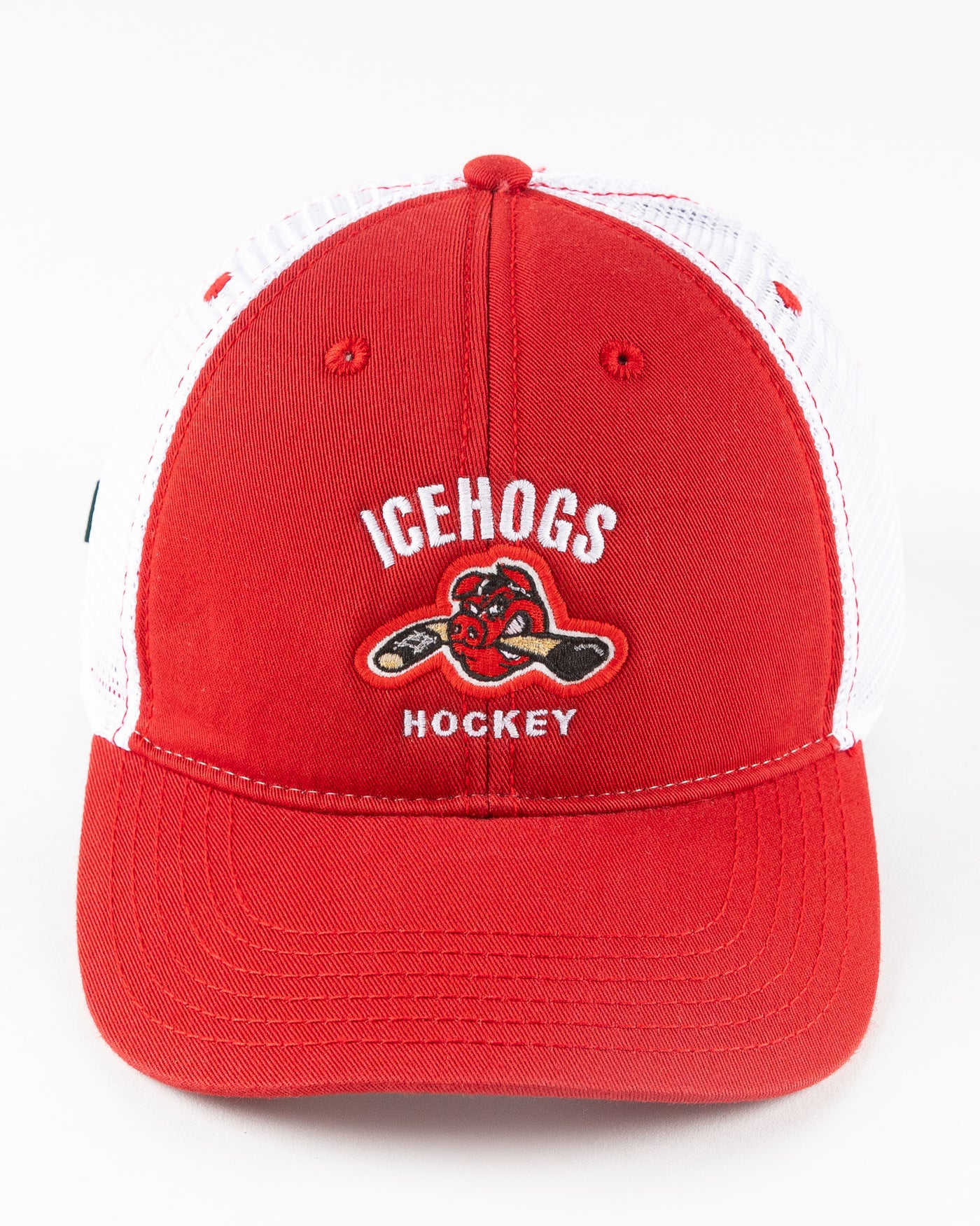 red and white Rockford IceHogs trucker with embroidered design - front lay flat