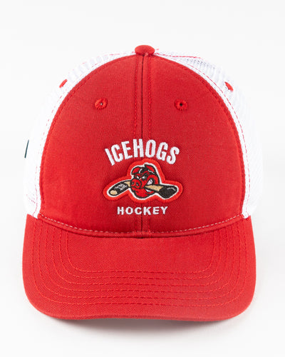 red and white Rockford IceHogs trucker with embroidered design - front lay flat