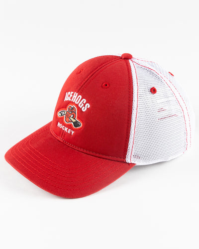 red and white Rockford IceHogs trucker with embroidered design - left angle lay flat