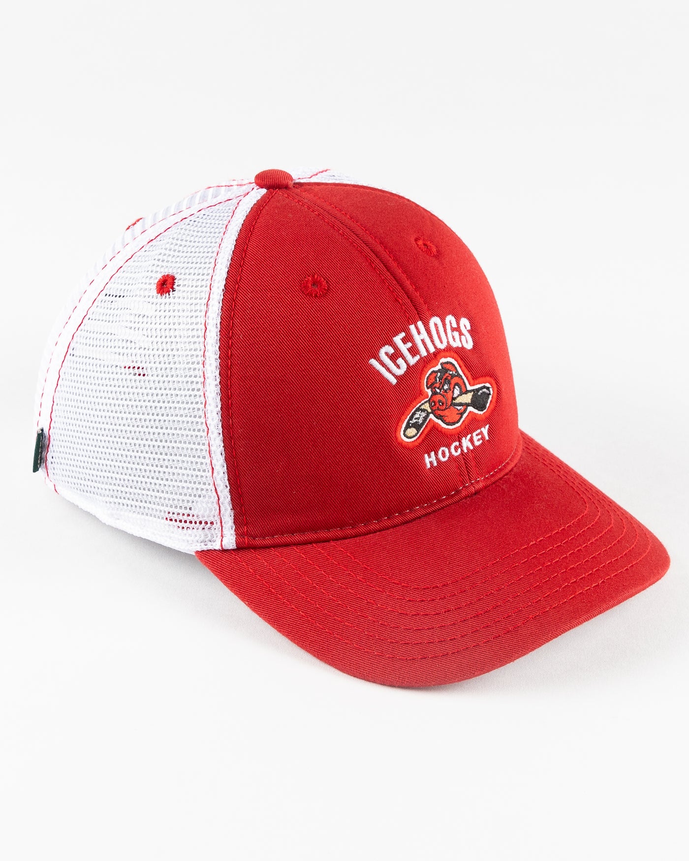 red and white Rockford IceHogs trucker with embroidered design - right angle lay flat