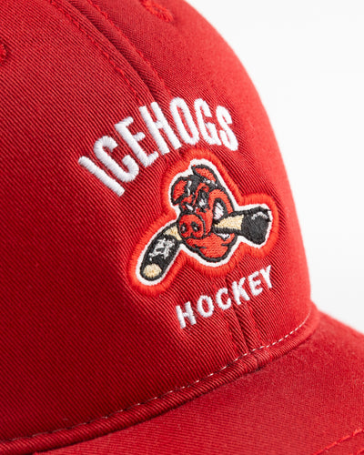 red and white Rockford IceHogs trucker with embroidered design - detail lay flat