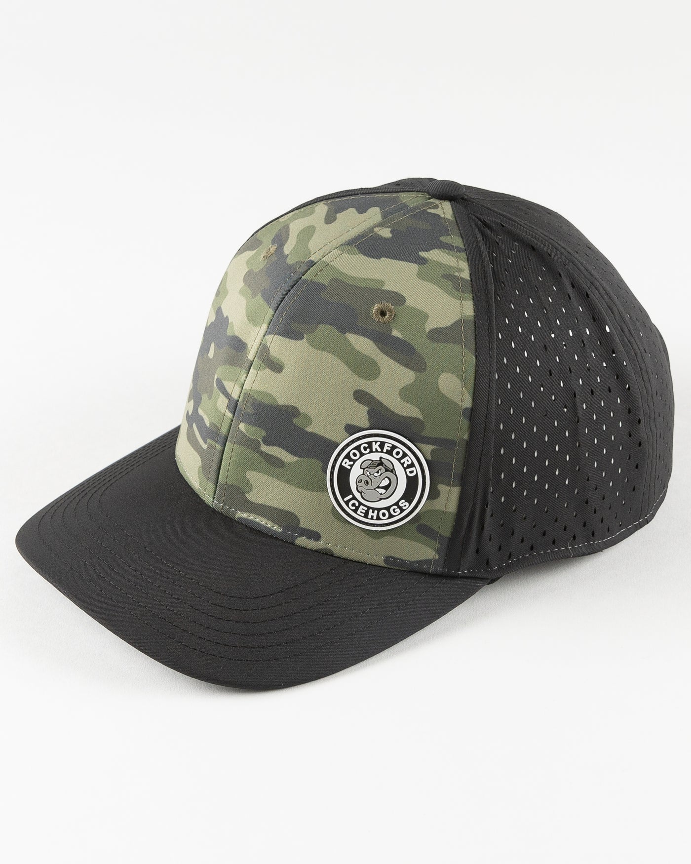 black and camo Rockford IceHogs adjustable cap - left angle lay flat