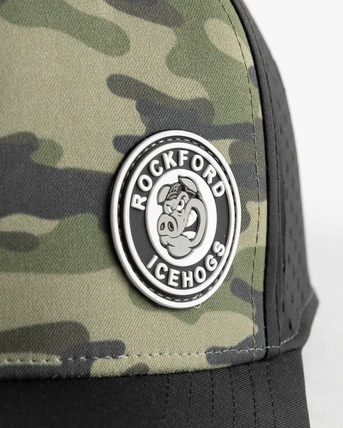 black and camo Rockford IceHogs adjustable cap - detail lay flat