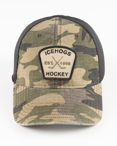 camo Rockford IceHogs adjustable cap with embroidered patch - front lay flat