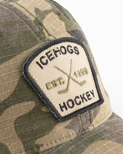 camo Rockford IceHogs adjustable cap with embroidered patch - detail lay flat