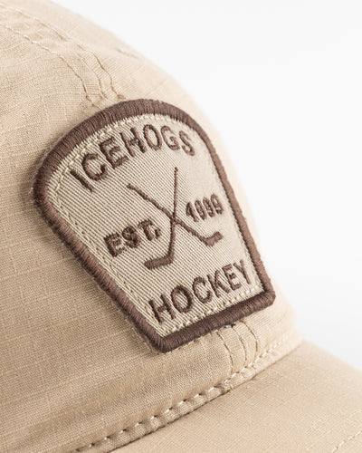 khaki Rockford IceHogs adjustable cap with tonal embroidered patch - detail lay flat